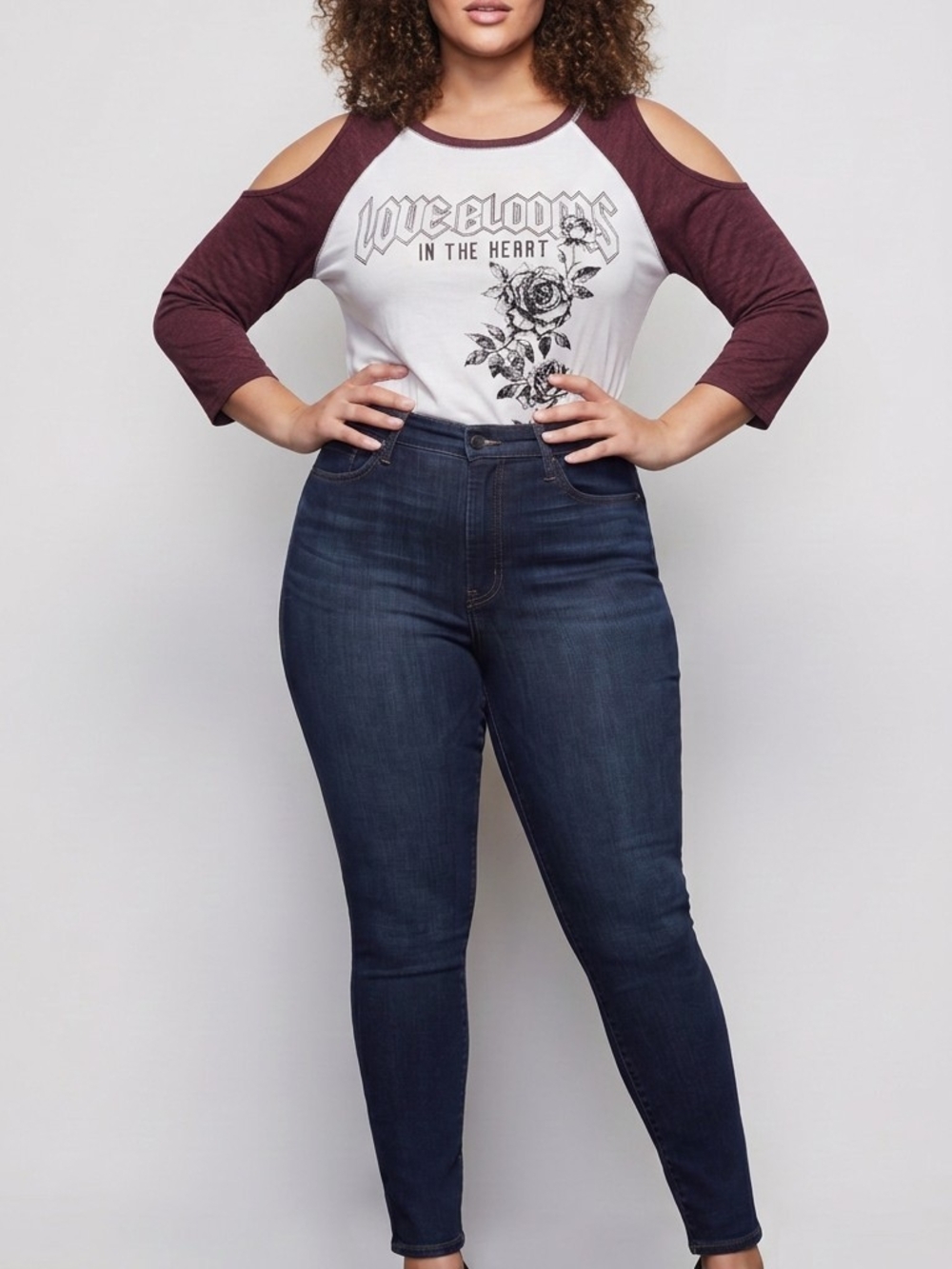 torrid White and Burgundy Cold-Shoulder Raglan Graphic Long Sleeve Tee